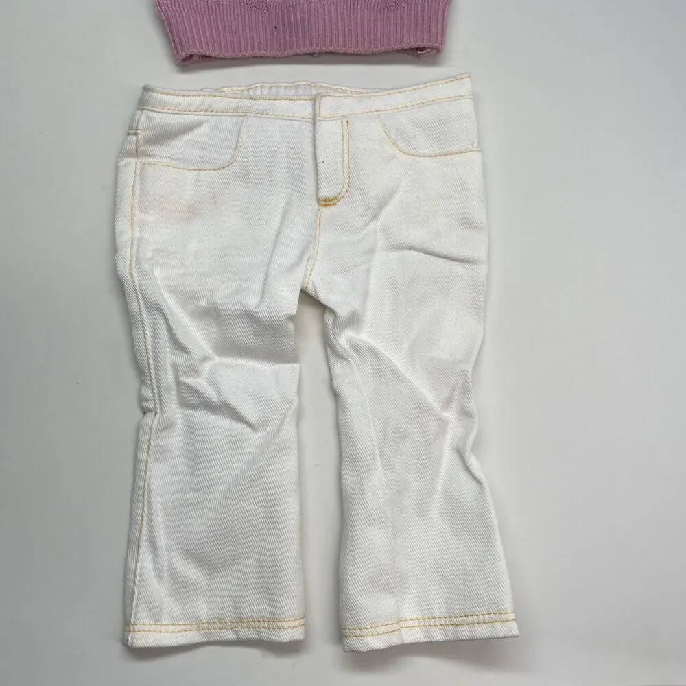 American Girl Doll Retired Pink Ribbed Short Sleeve Sweater & White Flared Jeans
